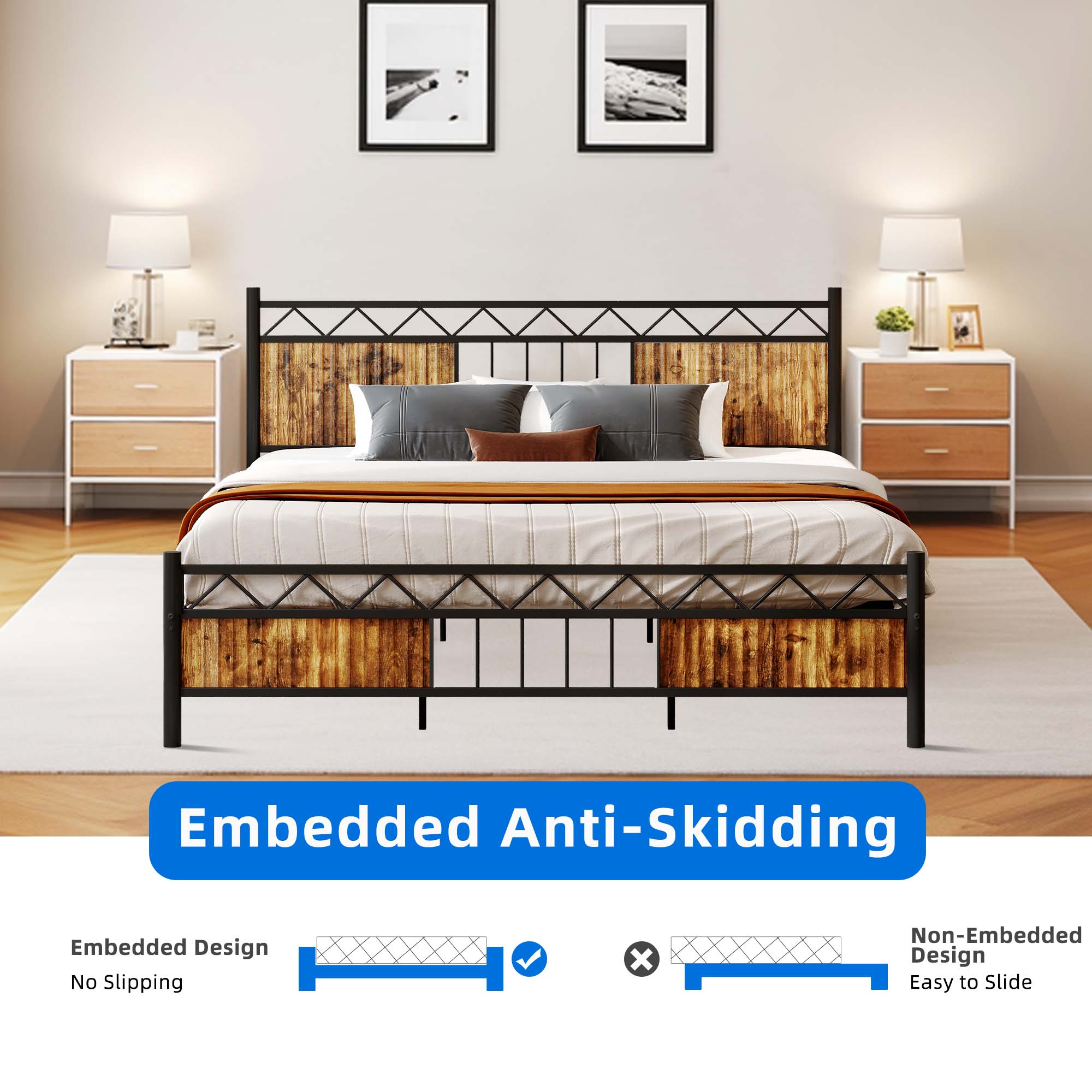 DEXTRUS King Size Platform Metal Bed Frame with Headboard & Soundproof Cotton, Black & Brown