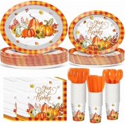 GSQYEJ 350 Pcs Fall Thanksgiving Party Supplies Give Thanks Tableware Set Buffalo Plaids Pumpkin Disposable Oval Plates Cups Napkins Fork Knife Spoon Dinnerware for Autumn Harvest Party(Red Orange)