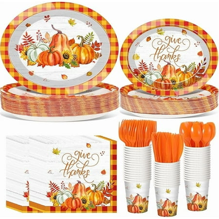 GSQYEJ 350 Pcs Fall Thanksgiving Party Supplies Give Thanks Tableware Set Buffalo Plaids Pumpkin Disposable Oval Plates Cups Napkins Fork Knife Spoon Dinnerware for Autumn Harvest Party(Black White)