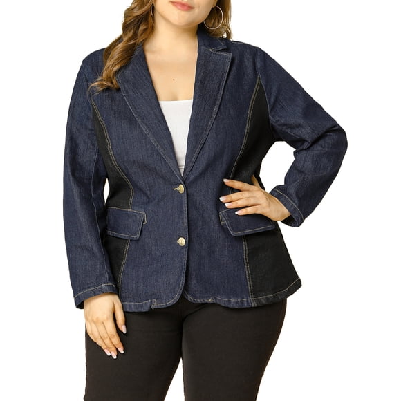 Unique Bargains Women's Plus Size Long Sleeve Denim Bomber Jackets with Pockets