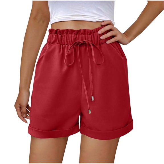 Lenpel Shorts for Women Ruffle Elastic High Waisted Drawstring Casual Shorts Trendy Summer Shorts with Pockets