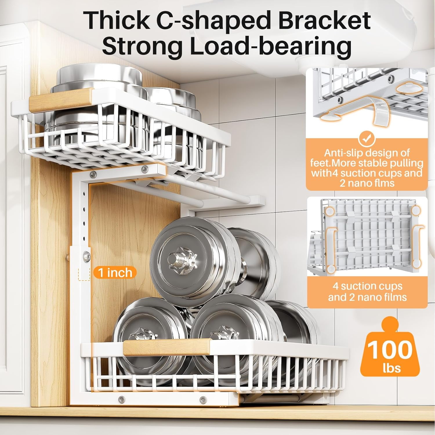 Under Sink Organizer, Adjustable Height, 2 Tier Pull Out Under Cabinet Organizer, Slide Out Thickened Metal Under Sink Storage for Kitchen Bathroom Laundry Pantry Cabinet, White, Large-2-Pack
