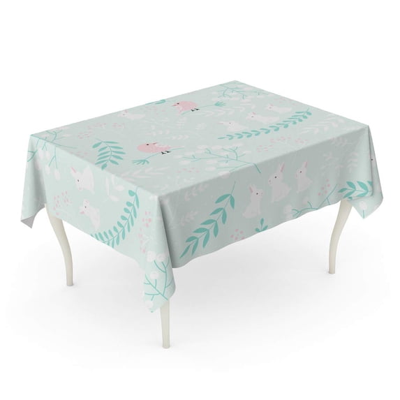 LADDKE Teal Pattern Nature Birds Rabbits Flowers Leaves Green Baby Nursery Tablecloth Table Desk Cover Home Party Decor 60x104 inch