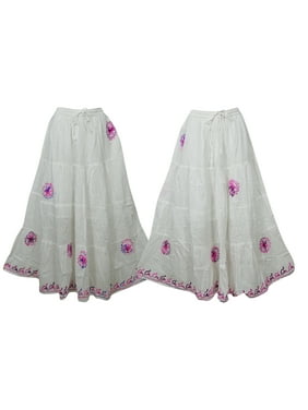 Mogul 2pc Women's Cotton Long Skirt White Embroidered Boho Hippie Flare Skirts