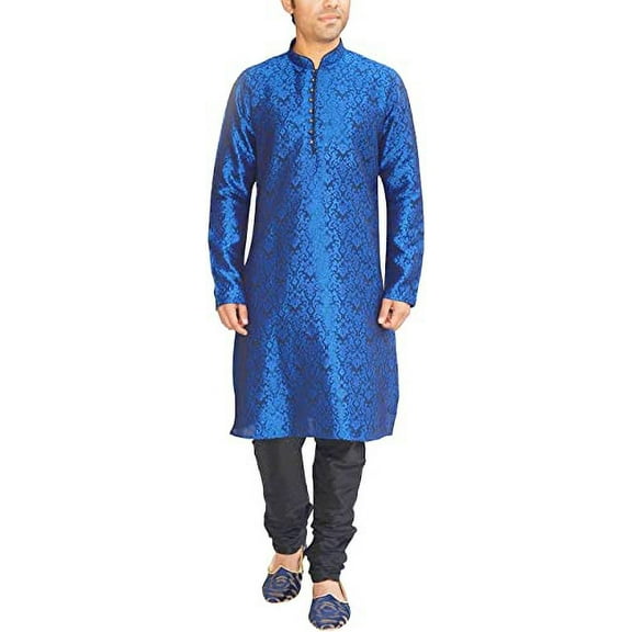 Royal Kurta Men's Jacquard Silk Floral Kurta Pyjama Blue