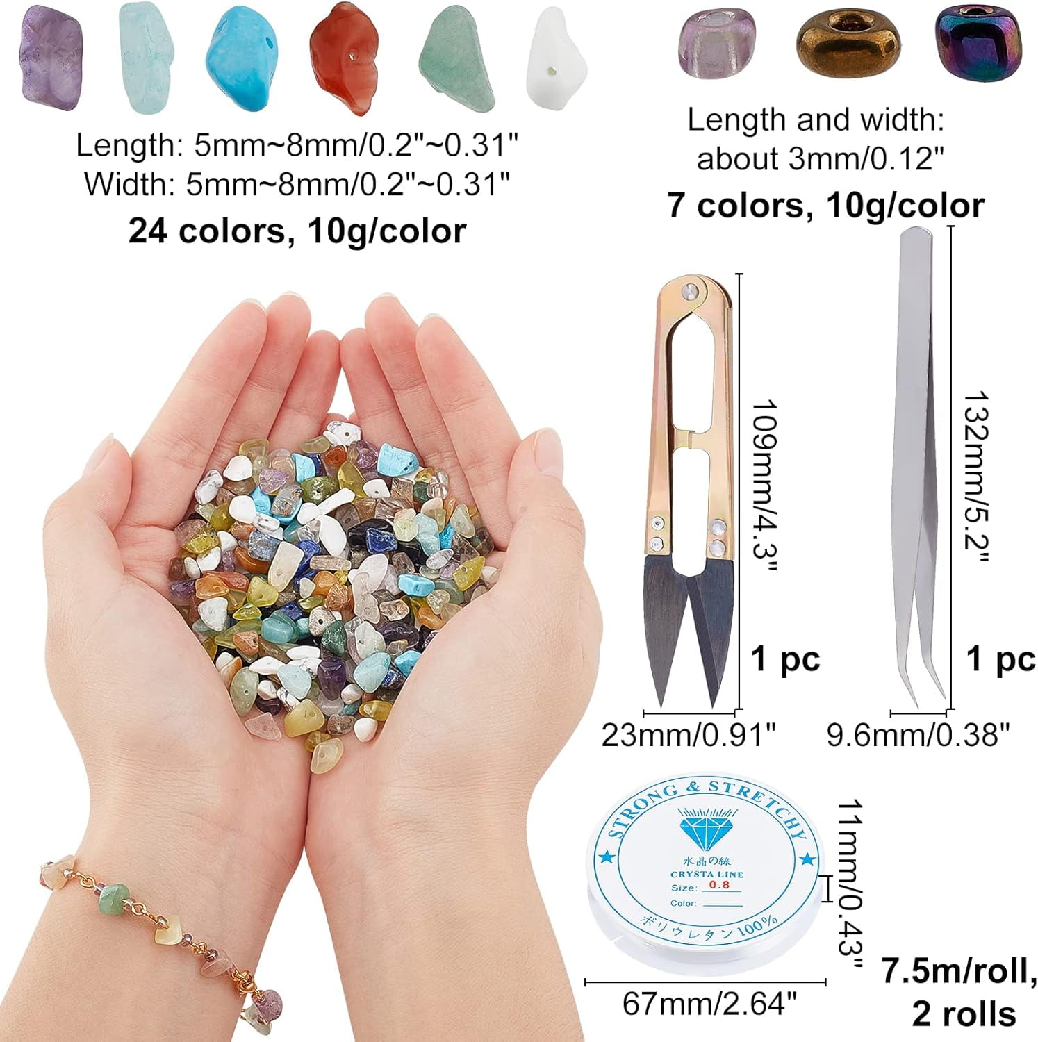 DIY Stretch Bracelets Making Kits Including 240g Gemstone Beads 1Pc 304 Stainless Steel Tweezers 2 Rolls Elastic Crystal Thread and 1Pc Steel Scissors Mixed Color 5~8x5~8mm Hole: 1mm