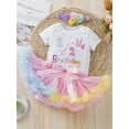 thumbnail image 2 of Bagilaanoe 3Pcs Newborn Baby Girls Birthday Outfits Letters Print Short Sleeve Romper Tops + Mesh Tutu Skirt + Headband 3M 6M 12M 18M 24M Infant Casual Skirt Set, 2 of 9