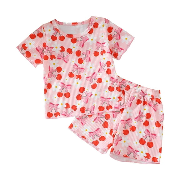 KPOPLK Baby Girl Clothes Toddler Summer Outfits Cute Bow Print T Shirt Shorts 2pcs Set 6 Months 5 Years Old(S#-Pink,18-24 Months)