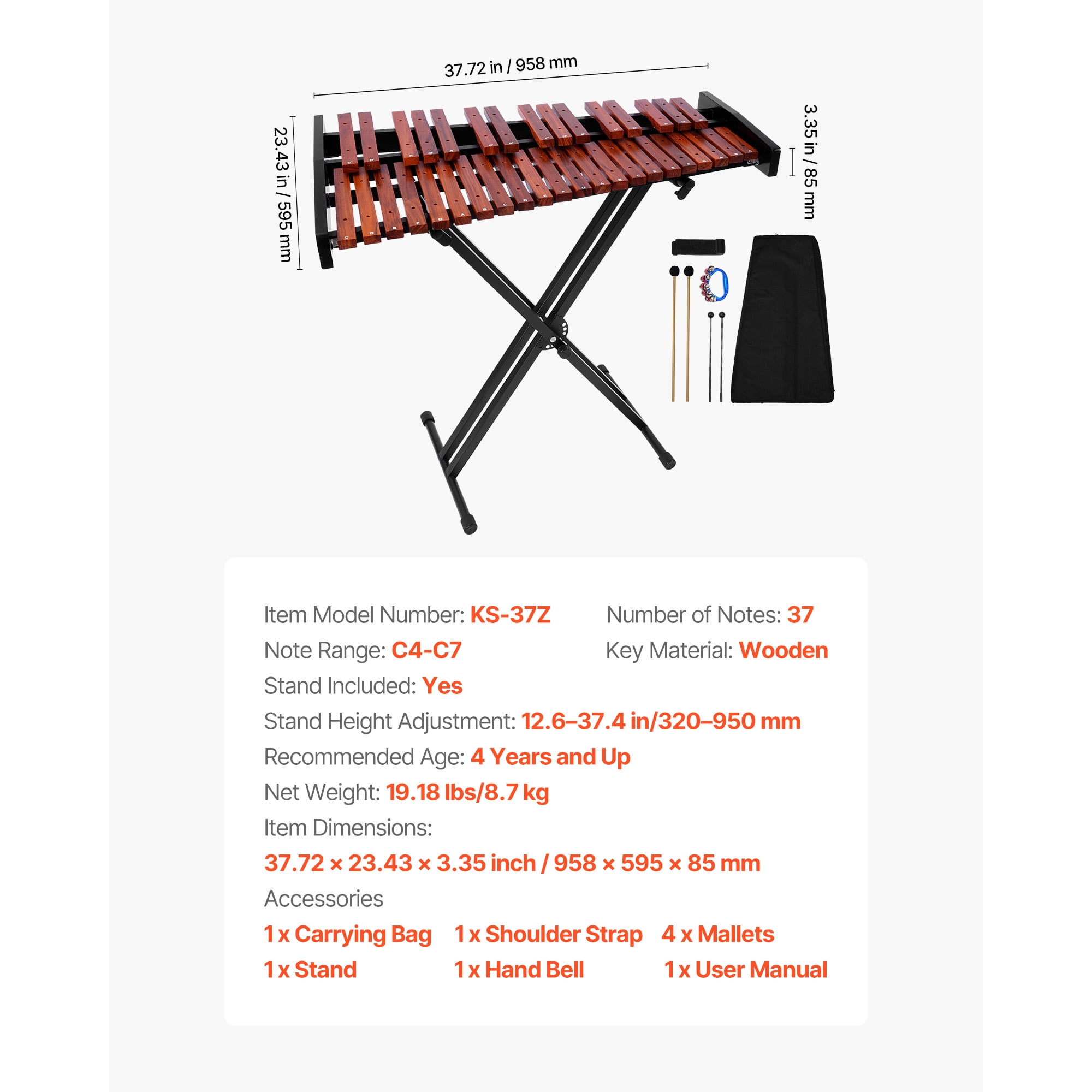 KFFKFF 37-Note Glockenspiel Xylophone with Adjustable Stand, Wooden Percussion Instrument Kit, Includes 4 Mallets and Carrying Bag, Ideal for Beginners and Enthusiasts of All Ages