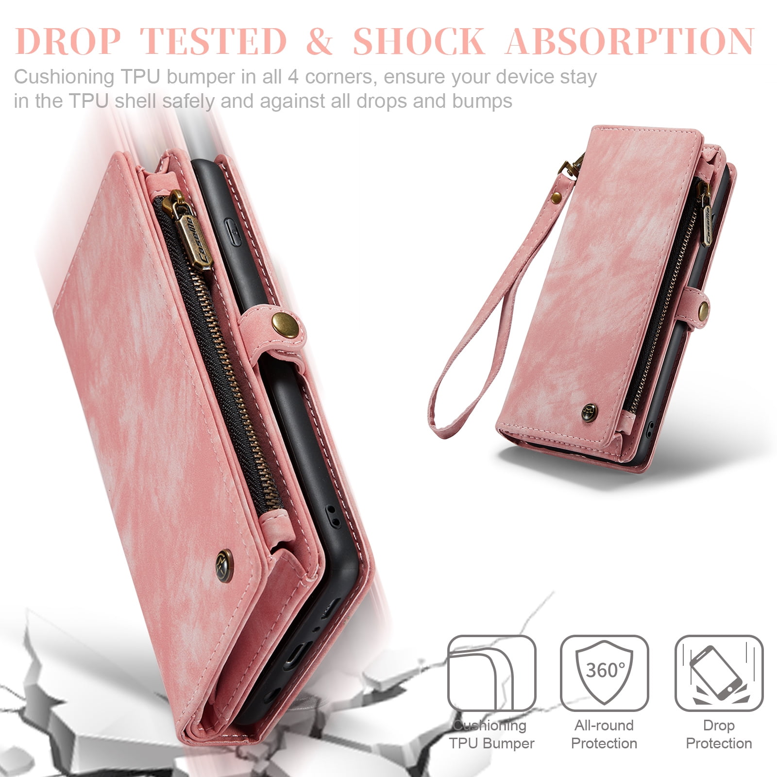 For Samsung Galaxy S10 Wallet Case,Multi-Functional Retro Leather Purse Flip Cover Zipper Wallet Case with Removable Card Slots Pocket & Detachable Wrist Strap Magnetic Phone Case, Pink