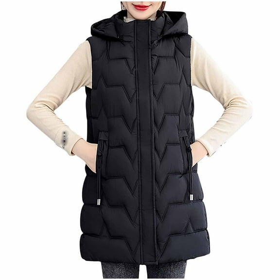 MELDVDIB Womens Zipper Long Puffer Vest Coats Fall Winter Sleeveless Hooded Jackets Warm Padded Light Weight Outwear with Pockets