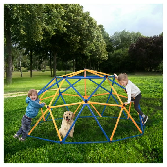 Outdoor Dome Climber, Monkey Bars Jungle Gym - Kids Playground Equipment Ages 3-10 - Blue & Yellow Geometric Climbing Tower Blue   Metal