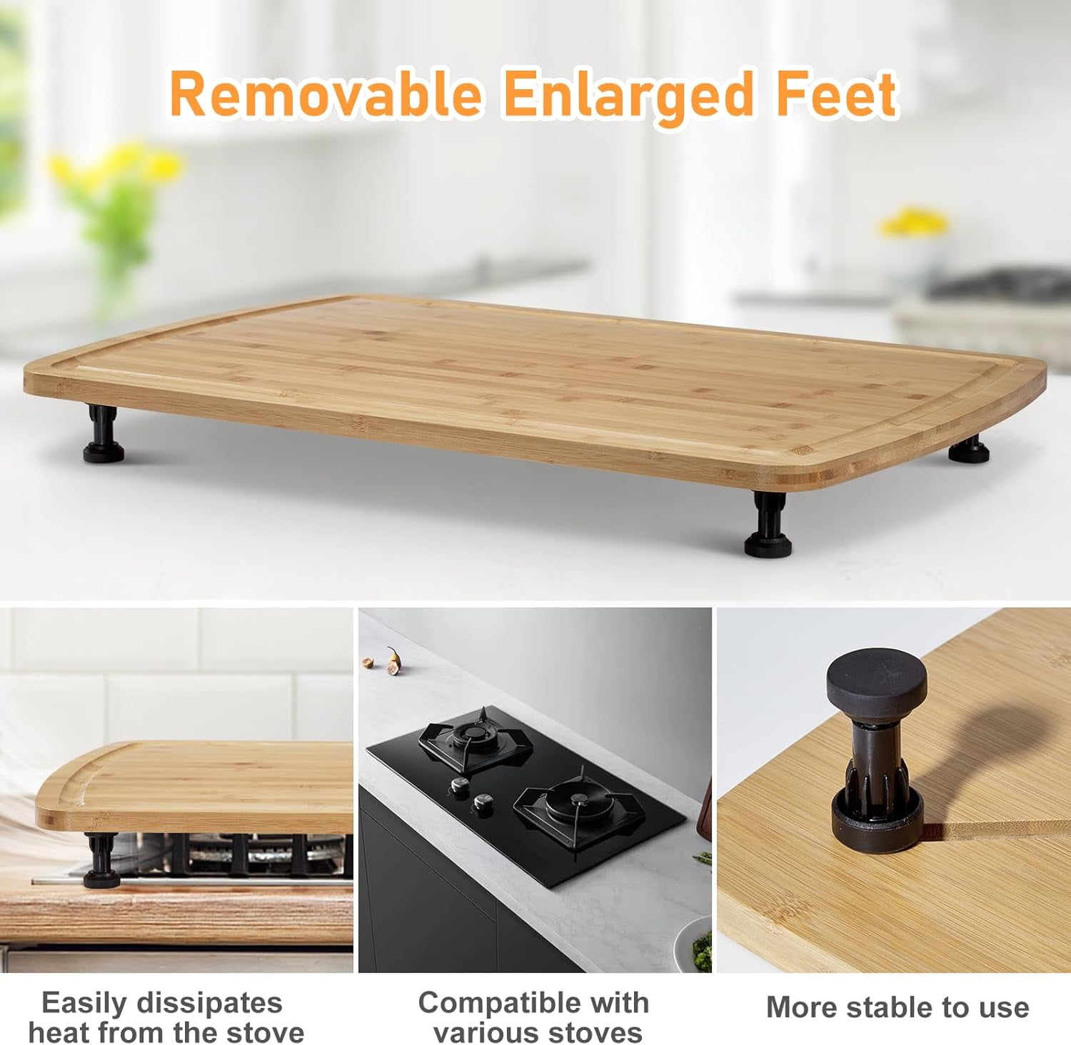 Space-Saving Bamboo Stove Cover & Cutting Board, 30"x20" Extra Large with Removable Feet, Juice Groove & Non-Slip Surface for Gas/Electric Stoves, RVs & Compact Kitchens