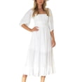thumbnail image 1 of Vestido Media Manga Abullonada Cuello Cuadrado Sin Espalda Volante Dobladillo Vestido De Cintura Alta Para Mujer Blanco L, 1 of 6