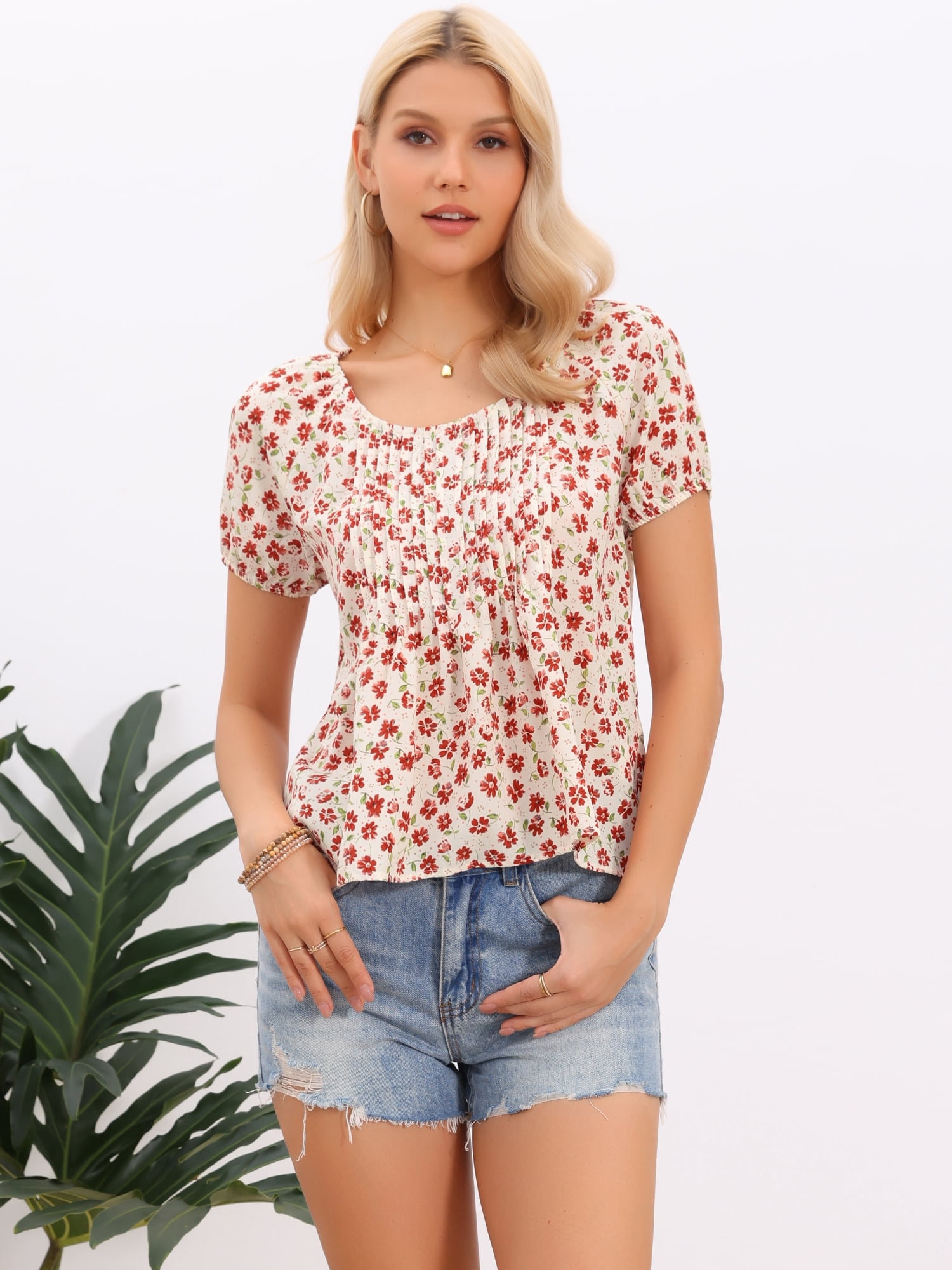 DARING DIVA Women's Floral Babydoll Tops Pleated Scoop Neck Cute Shirt Blouses XS Beige
