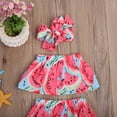 thumbnail image 5 of Bagilaanoe 3pcs Newborn Baby Girl Short Pants Set Watermelon Print Off Shoulder Crop Tops + Shorts Bottom + Headband 6M 12M 18M 24M Infant Casual Summer Outfits, 5 of 8