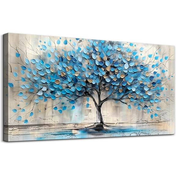 WFSposterTextured Abstract Wall Pictures Artwork Large Wall Decor For Living Room Framed Canvas Wall Art For Bedroom Office Decor Blue Tree Paintings Panoramic Landscape Prints Home Decor
