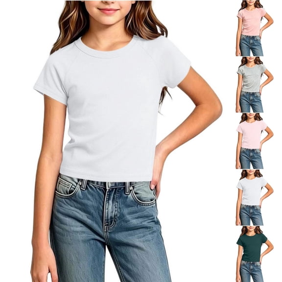 Acaics Girls Short Sleeve Raglan Crop Top, Soft Stretch Solid Color Crew Neck Casual Summer Tee Shirt for Teen Kids Girls 4-15 Years Old