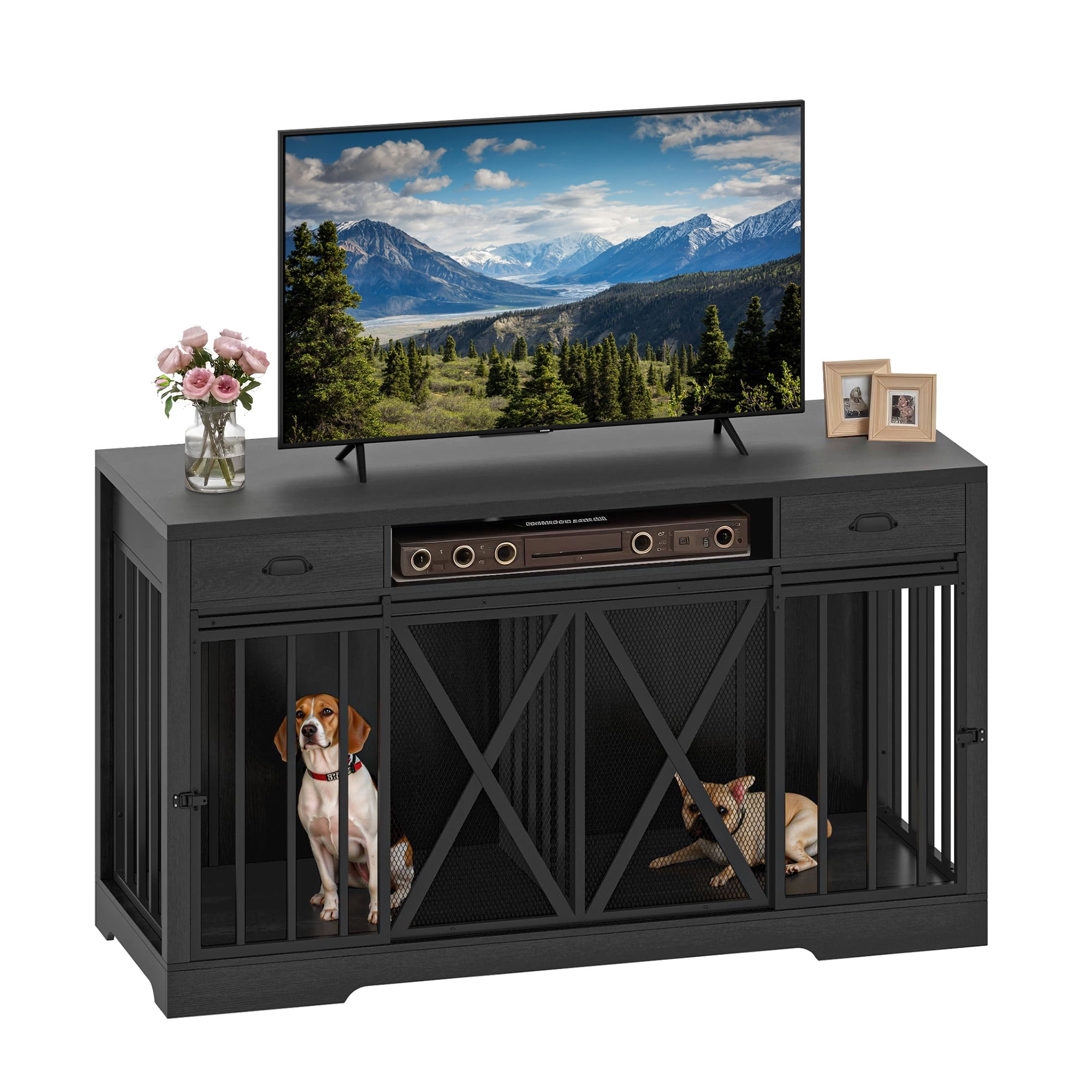 Uforic 63" Dog Crate Furniture with 2 Drawers,TV Stand with Charging Station 63" Large Wooden Indoor Dog Kennel - Gray