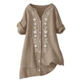 thumbnail image 6 of IPYUI Womens Linen Button Down Shirts Retro Embroidered Blouse Peasant Blouses Stylish Tops V Neck Ladies Tops And Blouses Gauzy Tops Boho Top 3/4 Length Sleeve Tops Loose Fit Shirts Elbow Sleeve, 6 of 9