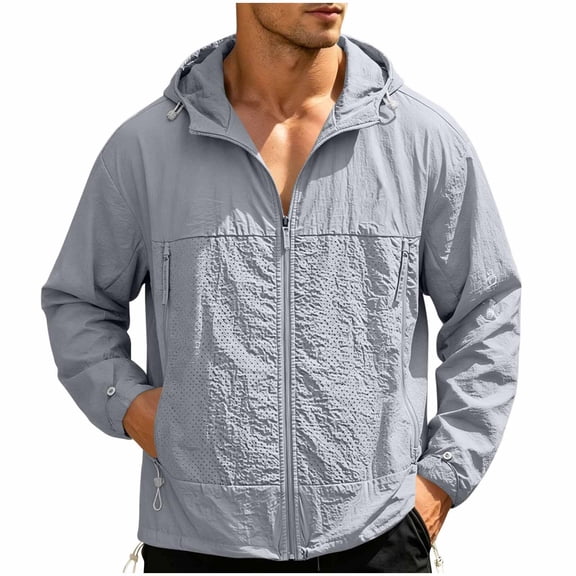Men's Lightweight Hooded Sun Protection Jacket, Breathable Full Zip Up Windbreaker with Zipper Pockets, Casual Outdoor Hiking Travel Coat for Men S-3XL