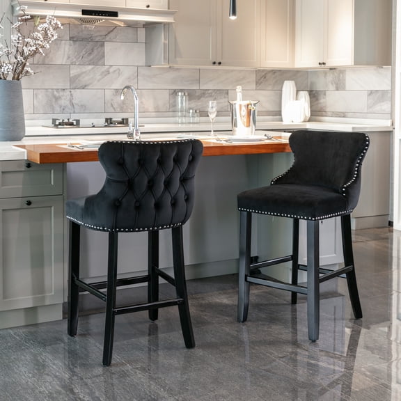 Smilegend Set of 2 Velvet Upholstered Barstools, Wingback Counter Height Chairs with Button Tufted Backrest, Wooden Legs and Chrome Nailhead Trim, Modern Leisure Bar Chairs (Black)