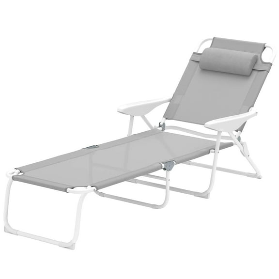 Resenkos Folding Chaise Lounge, Outdoor Sun Tanning Chair, 4-Position Reclining Back, Armrests, Removable Pillow, Light Gray