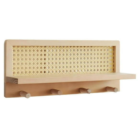 Rattan Wall Shelves, Natural Wood No-Drill Rattan Wall Shelf with 4 Hooks for Planters Coats Bags Keys, Self-Adhesive Floating Shelf for Entryway