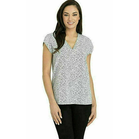 NEW!!! Hilary Radley Women's V-Neck Short Sleeve Blouse (White Black Combo & 2X)
