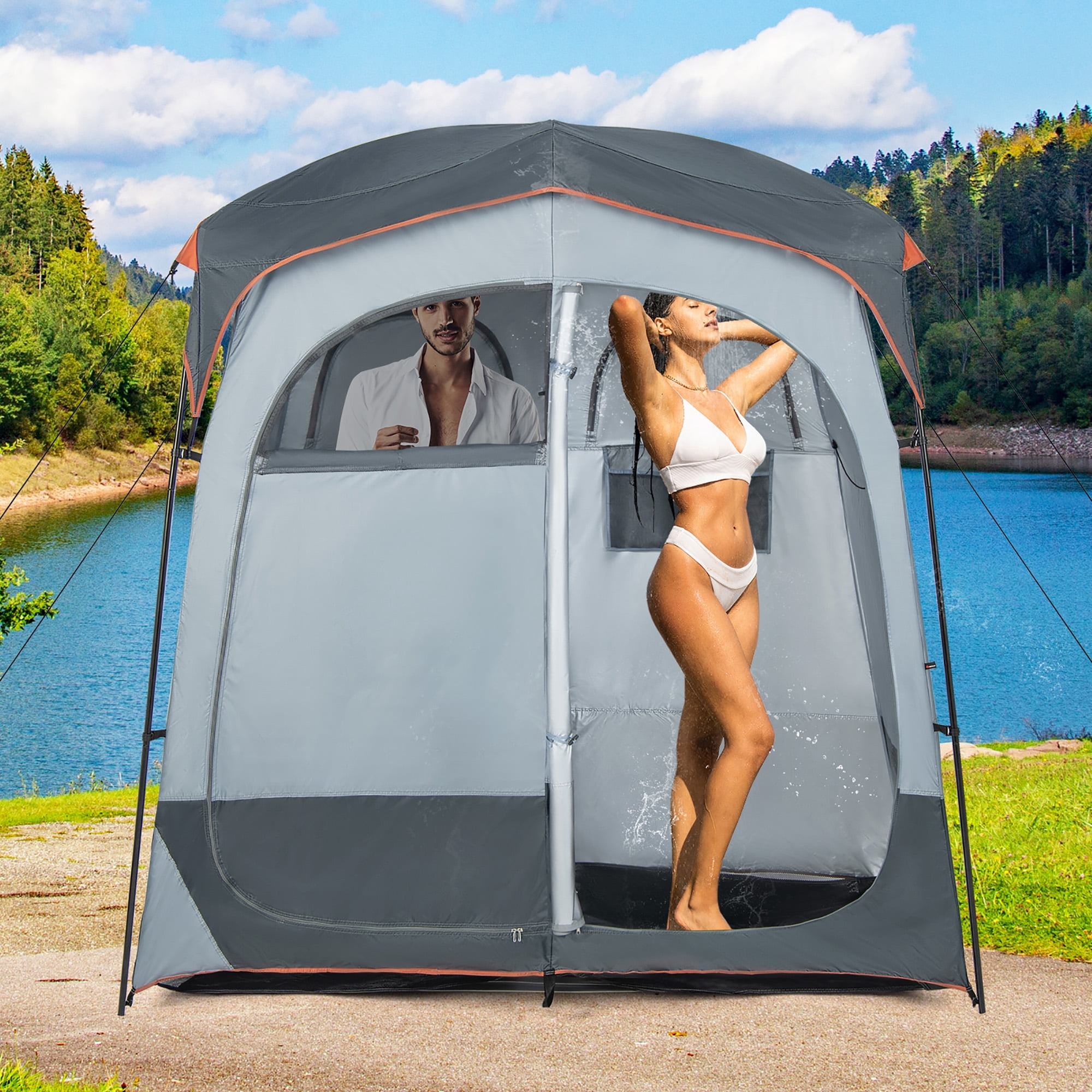 Costway 2 Room Shower Tent Oversize Privacy Shelter Portable Dressing Toilet Outdoor Gray