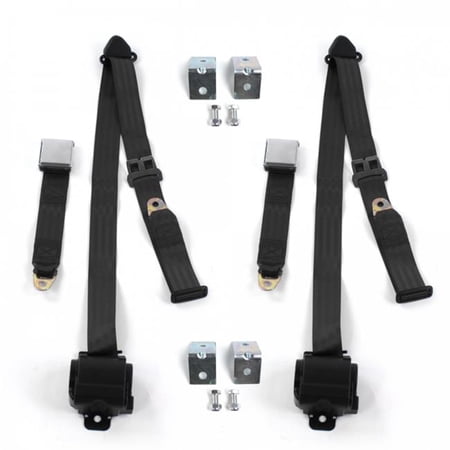 SafeTBoy Airplane 3 Point Black Retractable Bucket Seat Belt Kit with Bracketry for Jeep Jeepster 1966-1973 - 2 Belts