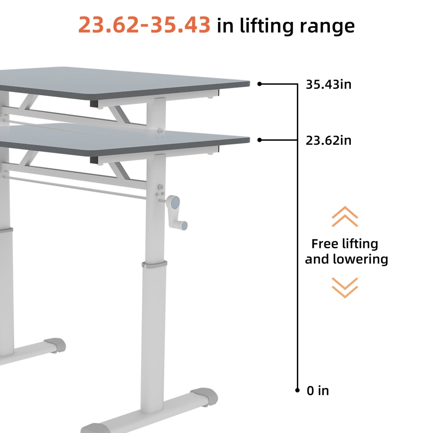 Lisonu Adjustable Standing Desk, Manual Hand Crank Sit-Stand Workstation, 33x24 Inch Home Office Computer Desk, Ergonomic Study Table with Grey Wood Top and White Iron Frame