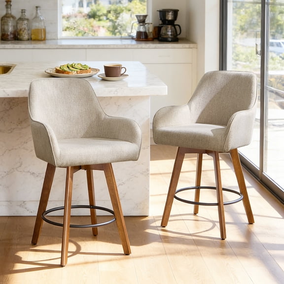 WOOW DEPOT 25" Swivel Bar Stools Large Seat Set of 1, Upholstered PU Leather w/ High-Back & Arm & Rubberwood Legs, Modern Island Counter Barstools Kitchen Pub Chair