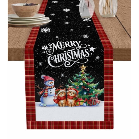 Christmas Cat Snowman Table Runner 72 Inches Red Buffalo Plaid Winter Snowflake Bed Runner Dresser Scarves Tabletop for Indoor Outdoor Parties/Ceremony/Banquet 14 x 72