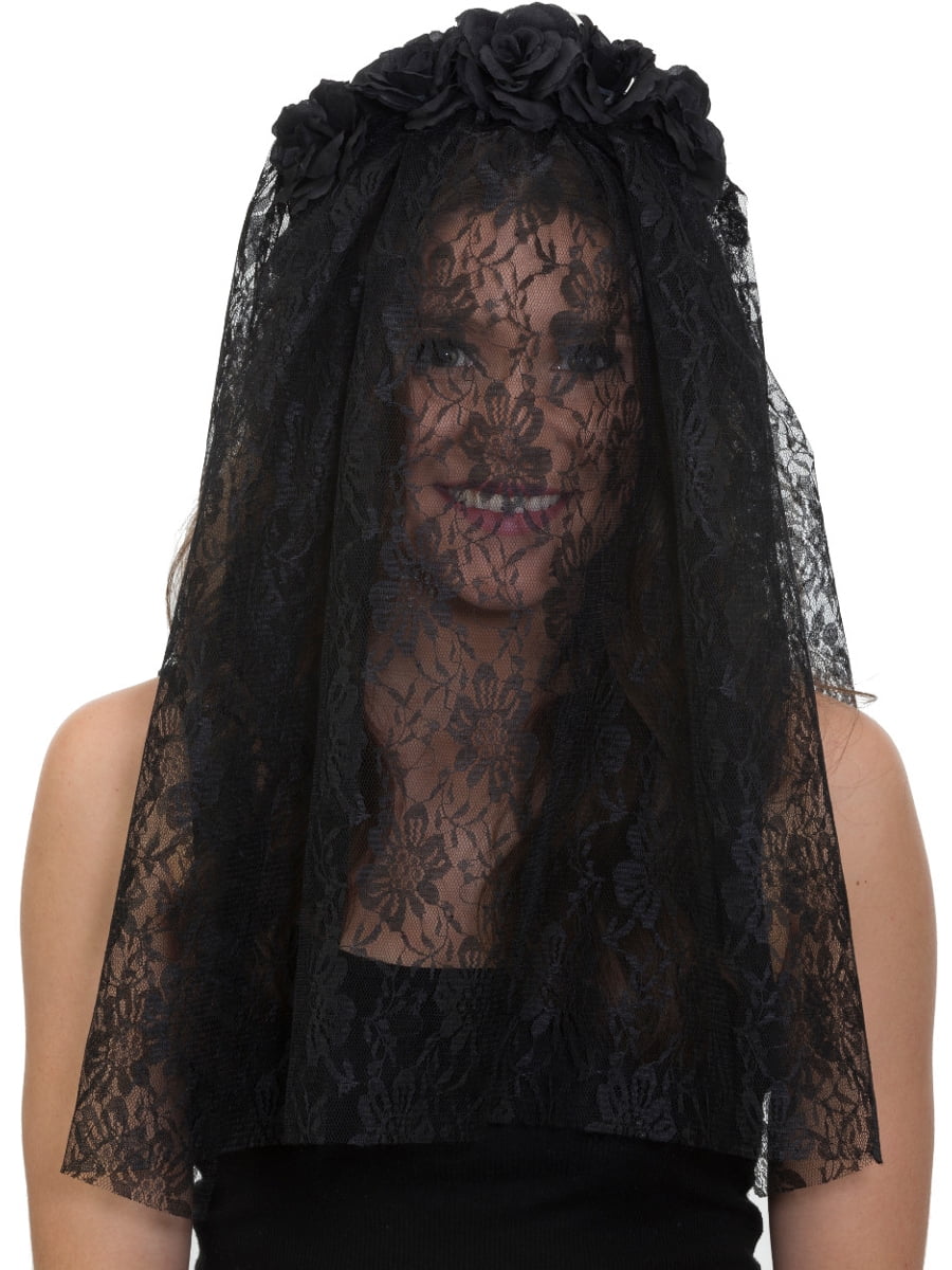Adults Black Gothic Funeral Veil Headband With Flowers Costume