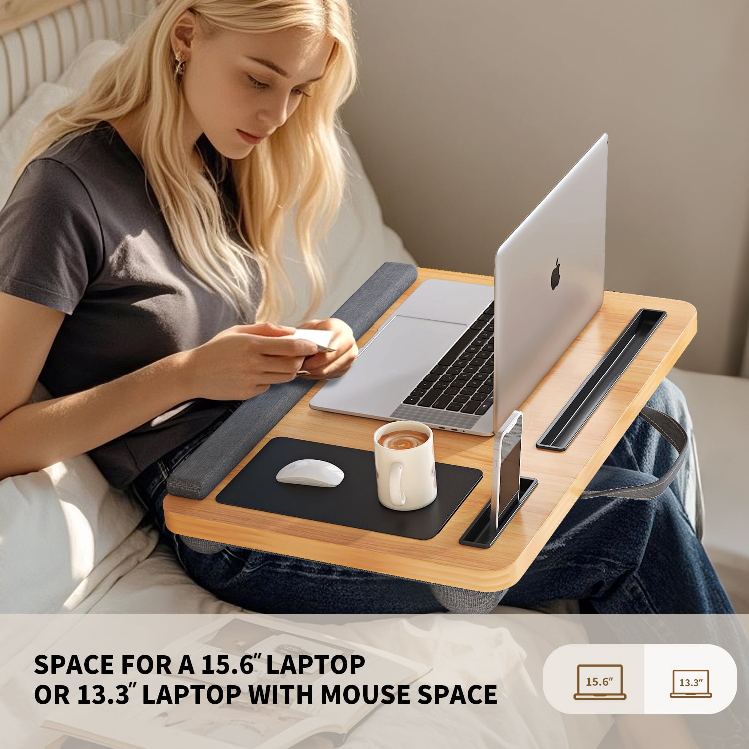 UNICOO Portable Lap Desk with Pillow Cushion, Fits 15.6" Laptop – Anti-Slip Strip, Storage Slot, Ergonomic Laptop Stand for Bed, Couch, or Home Office | Students, Home Office, or Travel (Maple)