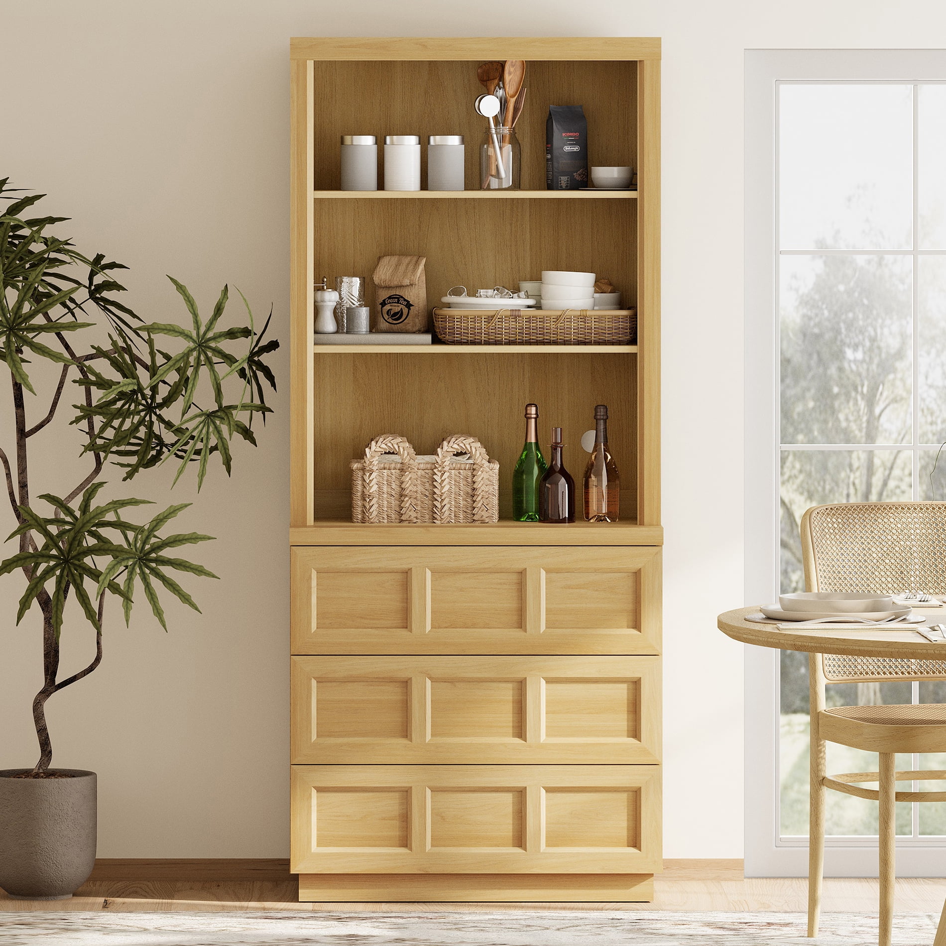 HOMOOI Wood Pantry Cabinet, Boho Freestanding Kitchen Storage Hutch with 1 Adjustable Open Shelves and 3-Large Drawers,Anti-Wobble Storage Organizer for Kitchen, Dining Room, Entryway,Oak