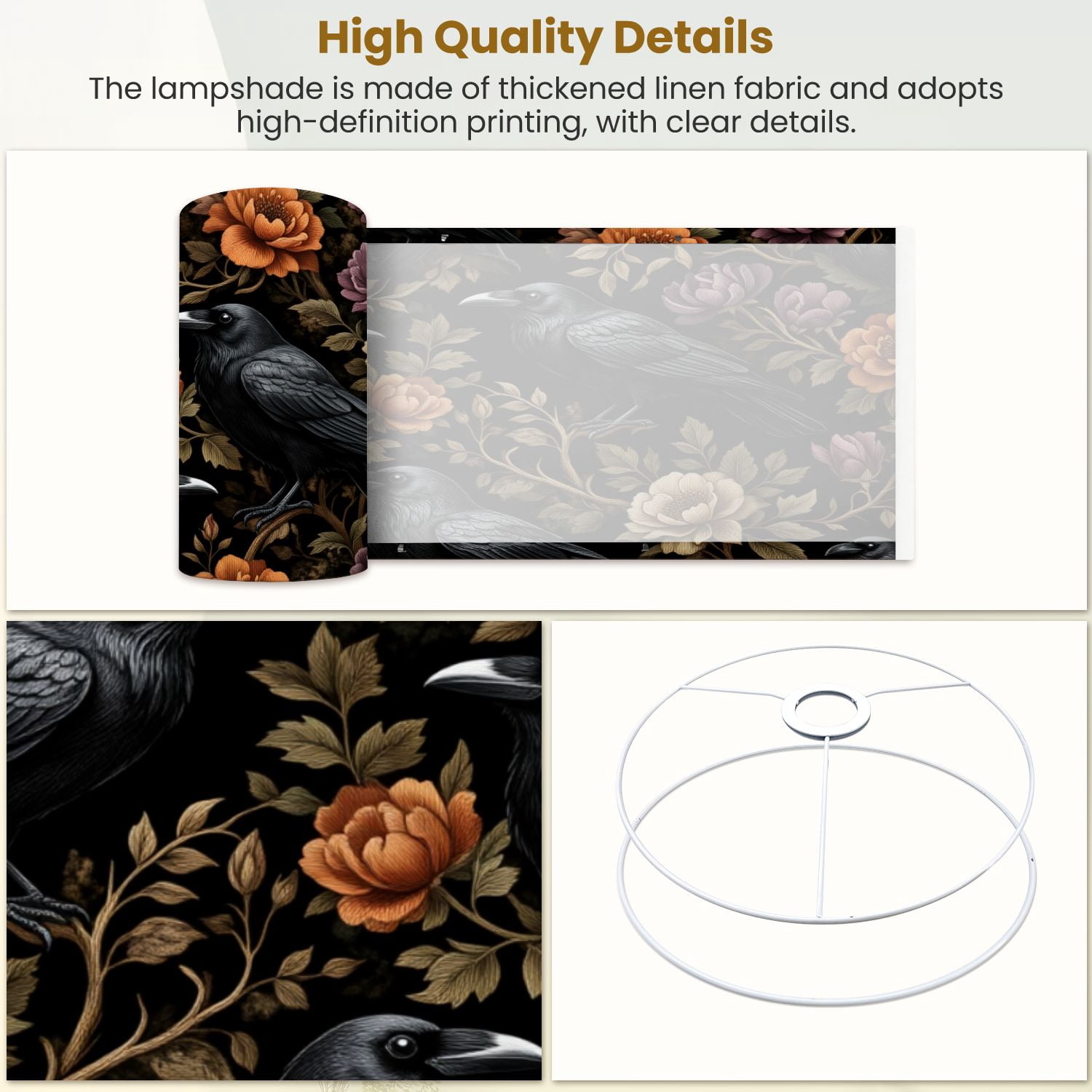 Gothic Linen Drum Lampshades Raven Birds Floral Blossom Vintage Botanical 13"x13"x10" Light Shade for Table Lamps Floor Lamp Shades Lampshade Replacement Assembly Required