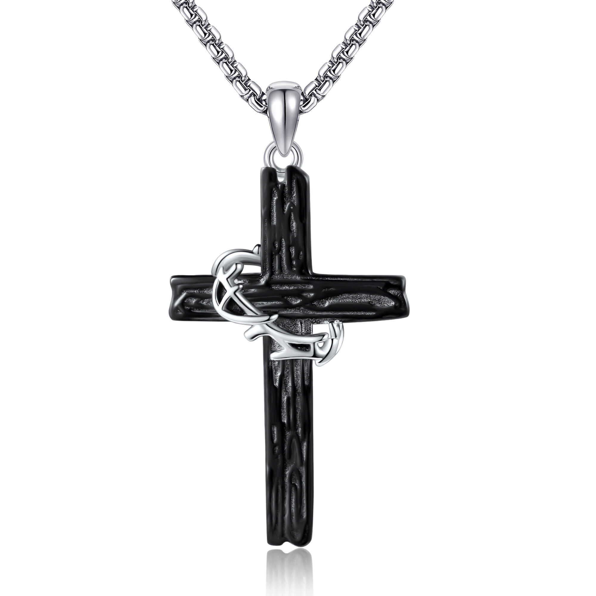 Black Cross Necklace Sterling Silver Jesus Thorn Crown Cross Necklace for Men Catholic Jewelry Gift for Father Brother Boyfriend Son
