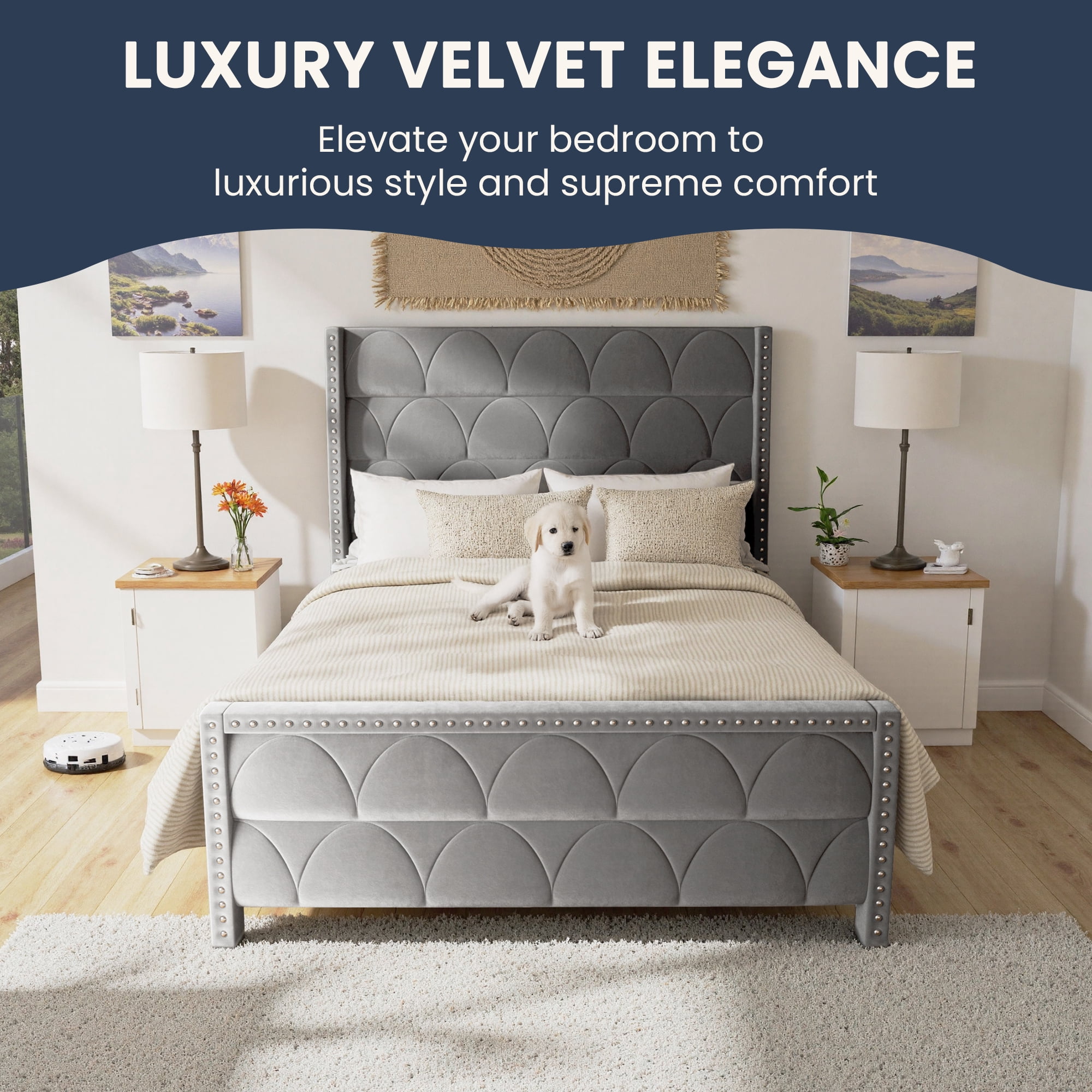 BrooveWave 56.3 in H Velvet Upholstered and Wingback Headboard Standard Bed Frame, Queen Beds with Nailhead Trim
