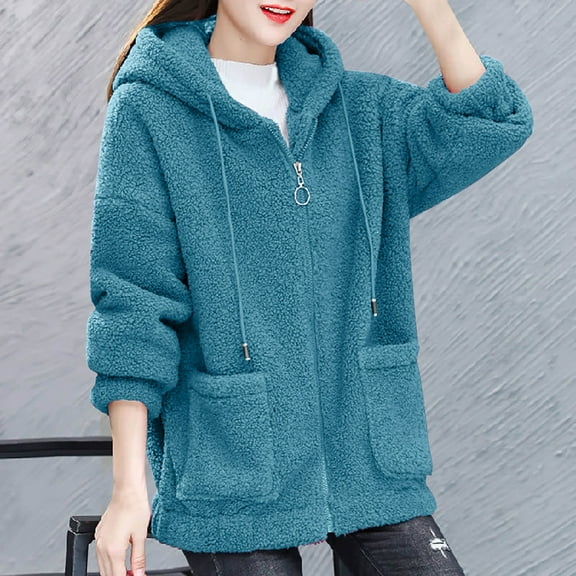 Hvyesh Womens Plus Size Fuzzy Fleece Jacket Winter Full Zip Plush Hooded Coats Soft Oversized Shaggy Outerwear with Pockets