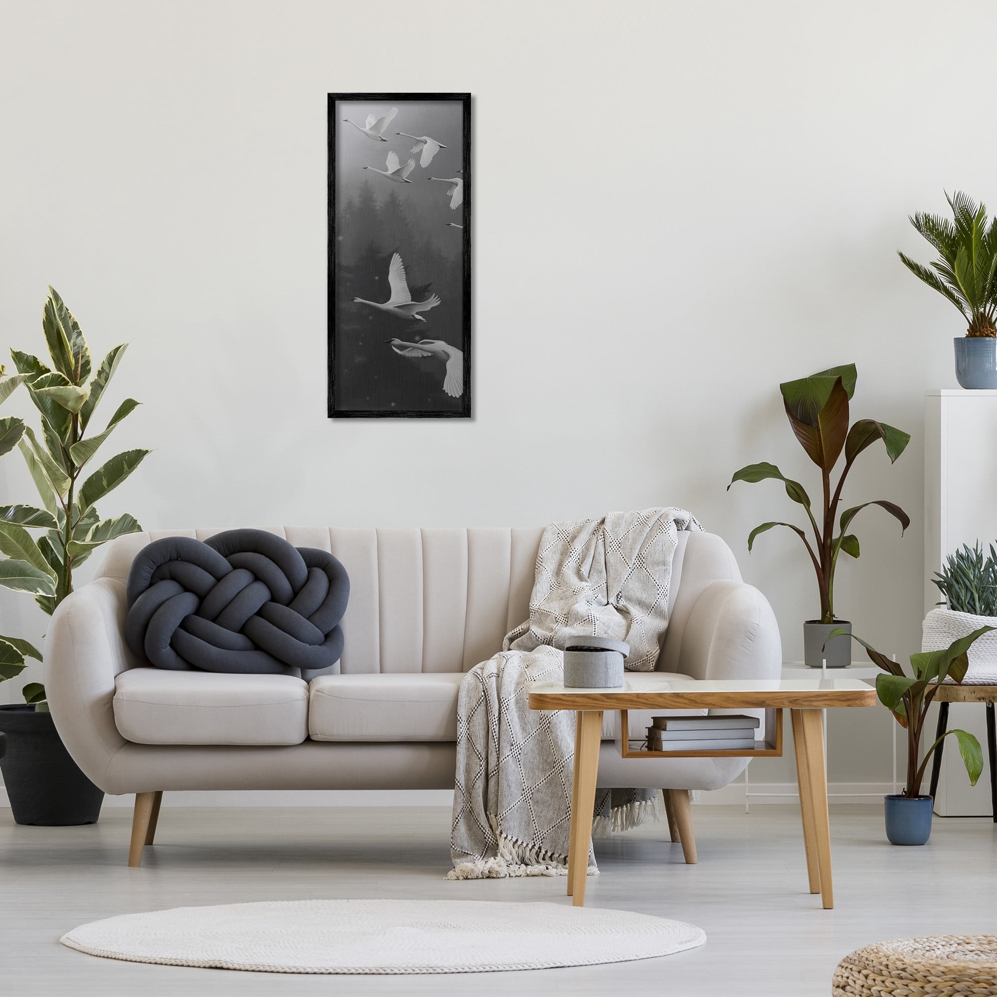 Stupell Industries Flying Swan Flock Animals & Insects Painting Black Framed Art Print Wall Art, 13 x 30