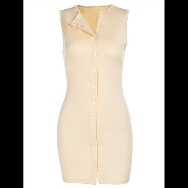 Vestido de Verano Acanalado con Botones para Mujer, Camiseta de Tirantes con Abertura Frontal, Sin Mangas, Ajustado y Elegante Amarillo M