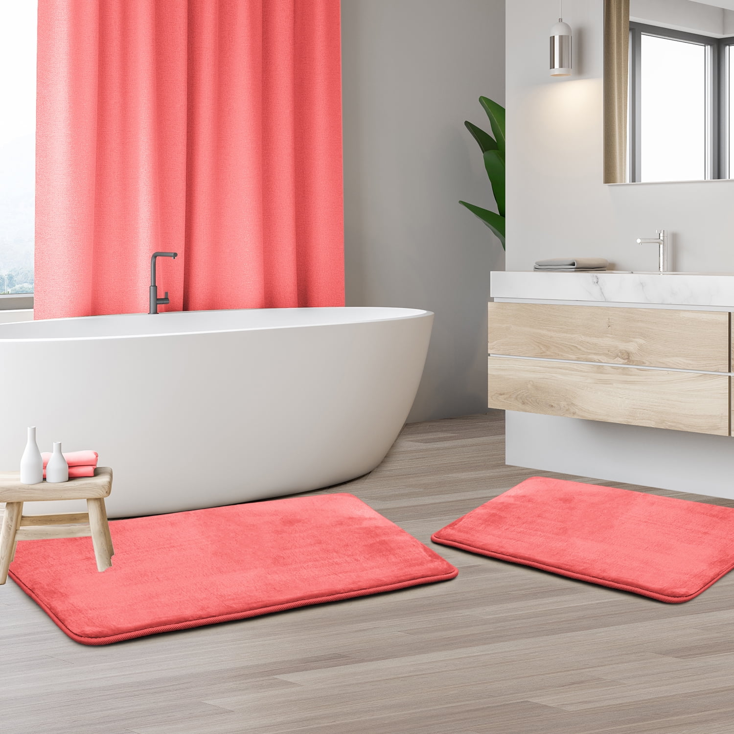 2 Piece Premium Memory Foam Bathroom Mat Set - Absorbent Luxury Plush Non Slip Carpet for Tub Shower & Bath Room, Soft Floor Mats, Machine Washable - 17x24 Plus 20x32 Inch Bath Rugs, Coral Pink