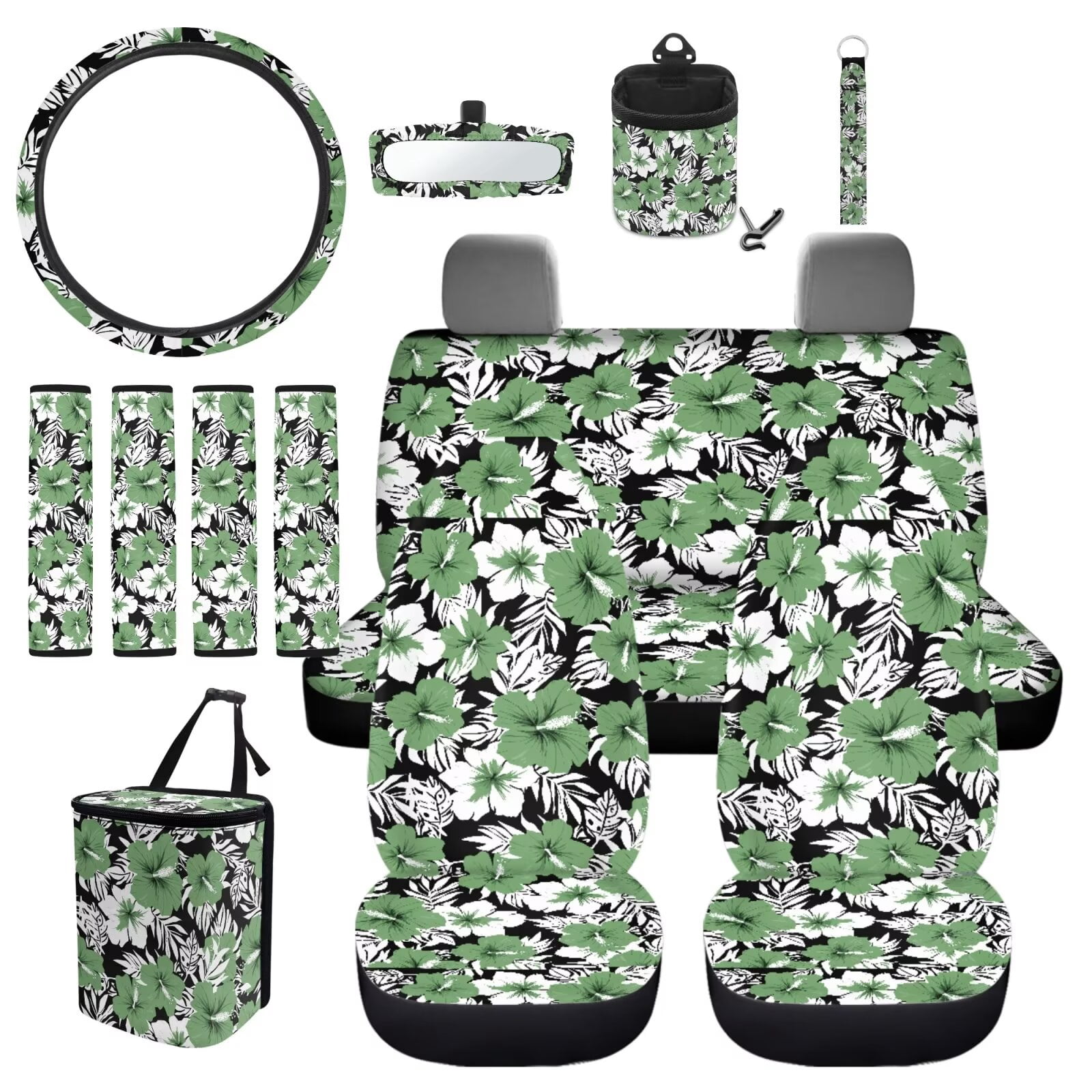 Garronmavis Aesthetic Tropical Flower 15 PCS Car Seat Cover Full Set 4 Pcs Car Seat Covers Steering Wheel Cover Keychain Car Trash Bag Car Pouch Organizer Rearview Mirror Cover Car Coasters