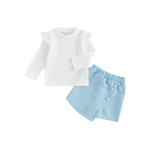 Gupgi Kids Girl Solid Color Crew Neck Long Sleeve Ribbed Tops Pearl Button Pantskirts, 2Pcs Clothes Set