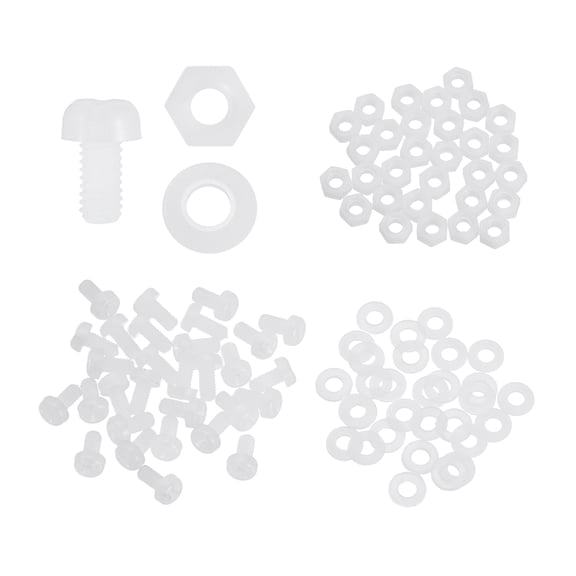 Uxcell 30 Set M2x4mm Nylon Plastic Cross Round Head Screw Phillips Bolts Hex Nuts Flat Washers Assortment Kit, Metric Full Thread Bolt Fasteners for DIY Machine Assembly, White