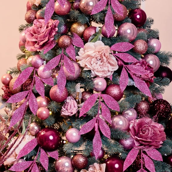 NAMZI 24 Pcs Pink Christmas Decor, Fake Gold Leaf Magnolia Leaves Glitter Stems Tree