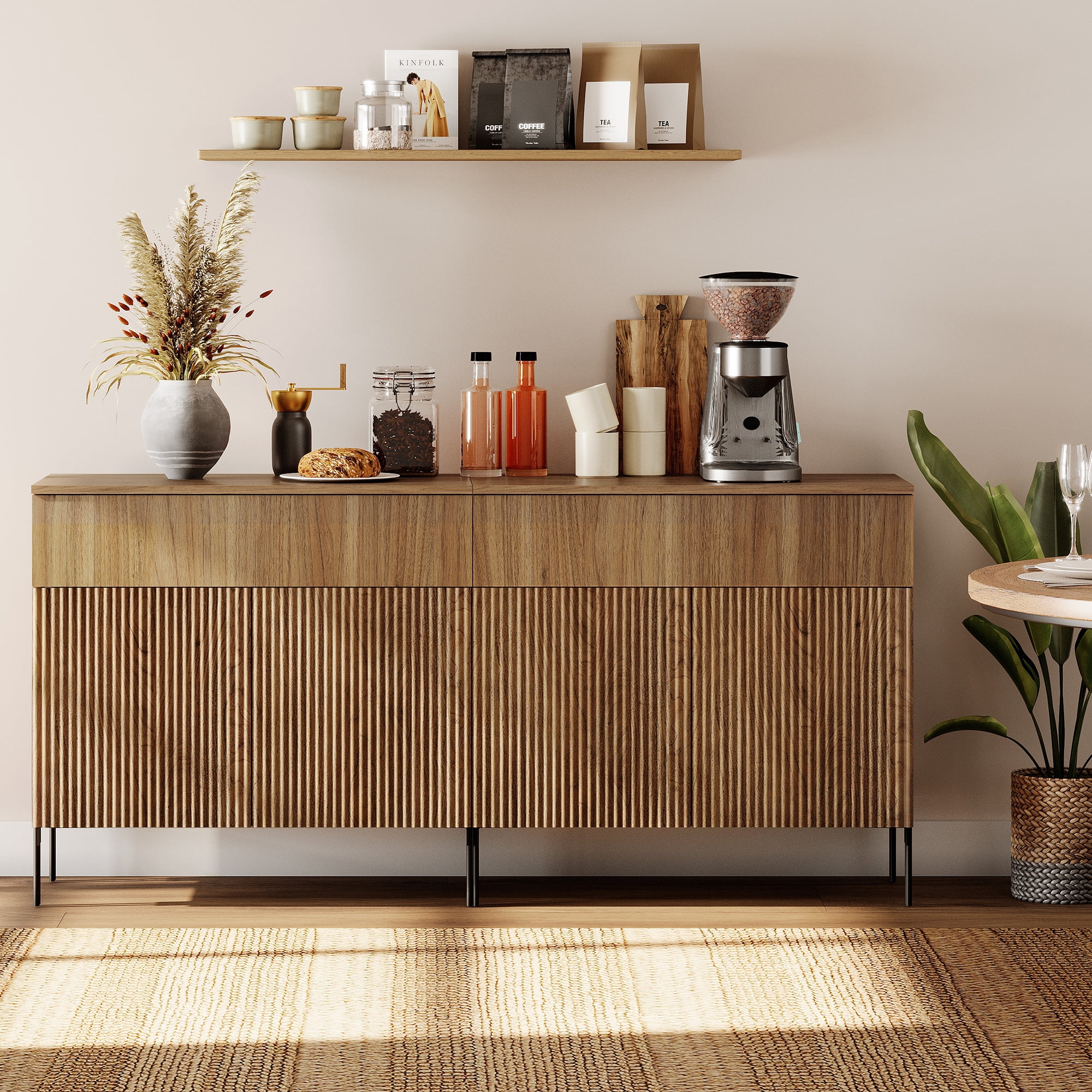 63" Wooden Reeded Sideboard with Doors and Drawers, 2-In-1 Modern Credenza Storage Cabinet for Kitchen, Dining Room