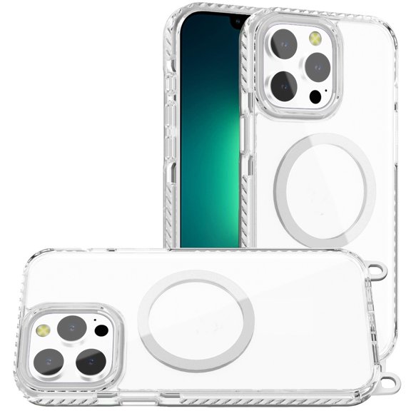 For iPhone 13 Pro Max Transparent HQ Clear Line Design Edged Hybrid [Magnetic Circle] with Matching Lanyard - White